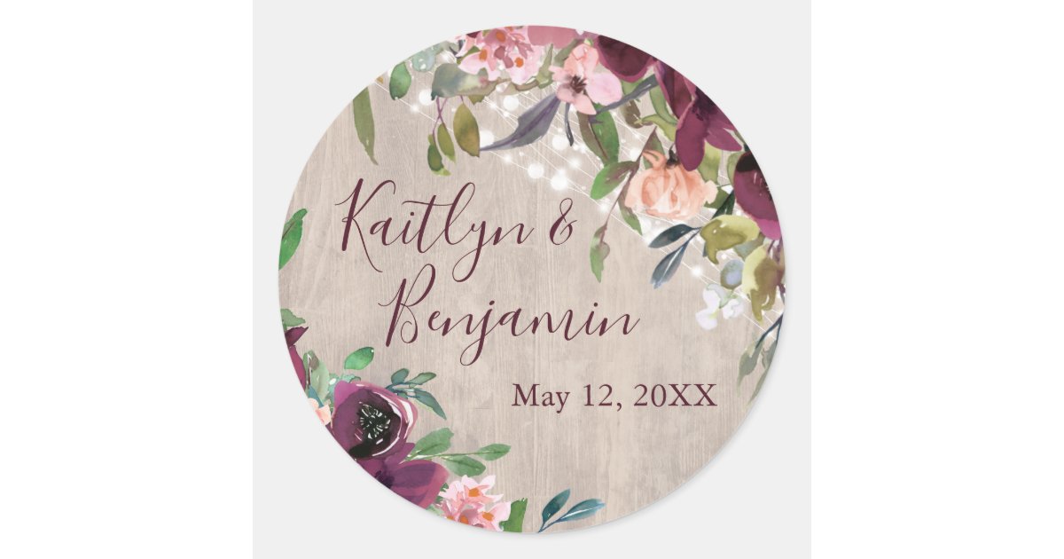 Rustic Wood Boho Floral Lights Versatile Wedding Classic Round Sticker ...