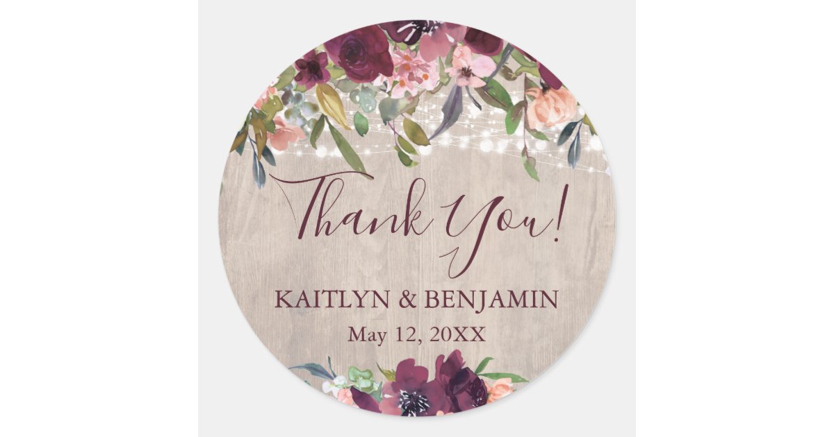 Rustic Wood Boho Floral Lights Wedding Classic Round Sticker | Zazzle
