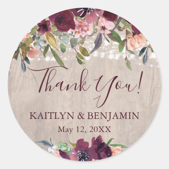 Rustic Wood Boho Floral Lights Wedding Classic Round Sticker (Front)