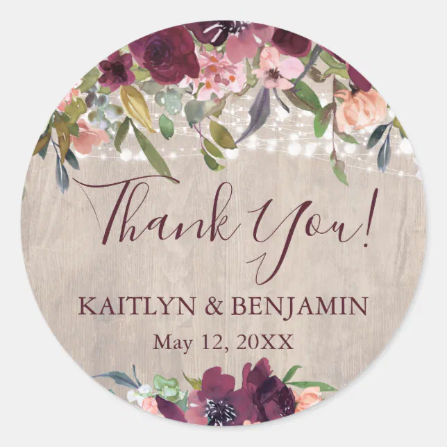 Rustic Wood Boho Floral Lights Wedding Classic Round Sticker | Zazzle