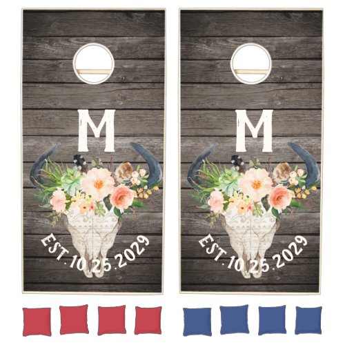 Rustic Wood Boho Floral Lodge Bull Head Custom Cornhole Set