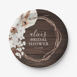 Rustic Wood Boho Floral Script Bridal Shower Paper Plates
