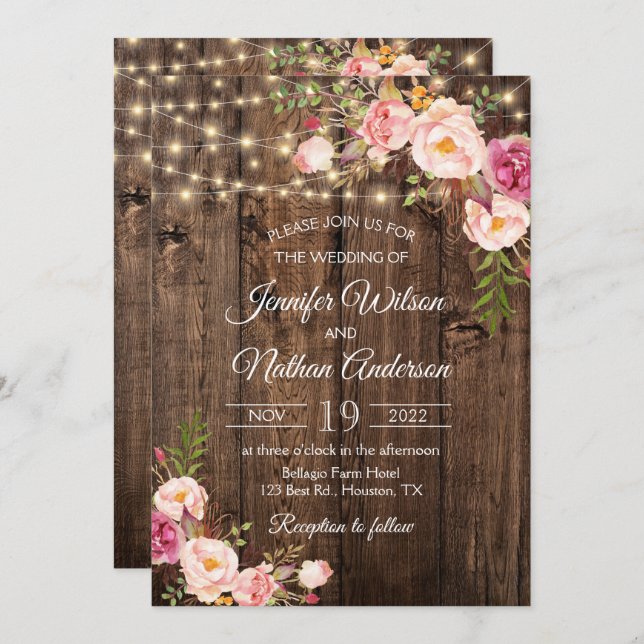 Rustic Wood Boho Floral String Lights Wedding Invitation (Front/Back)