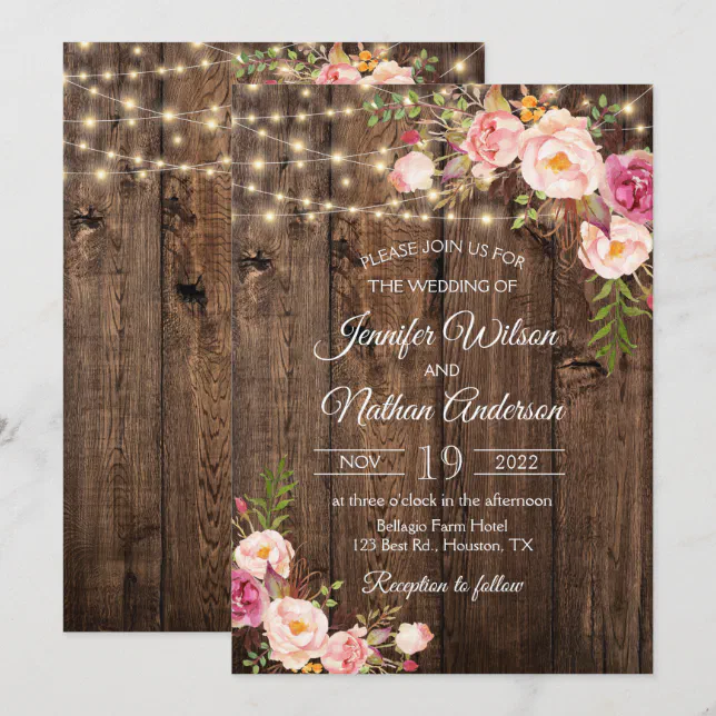 Rustic Wood Boho Floral String Lights Wedding Invitation | Zazzle