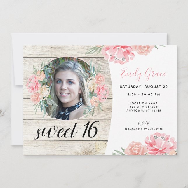 Rustic Wood Boho Floral Sweet 16 Birthday Invite (Front)
