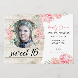 Rustic Wood Boho Floral Sweet 16 Birthday Invite