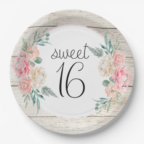 Rustic Wood Boho Floral Sweet 16 Birthday Paper Plates