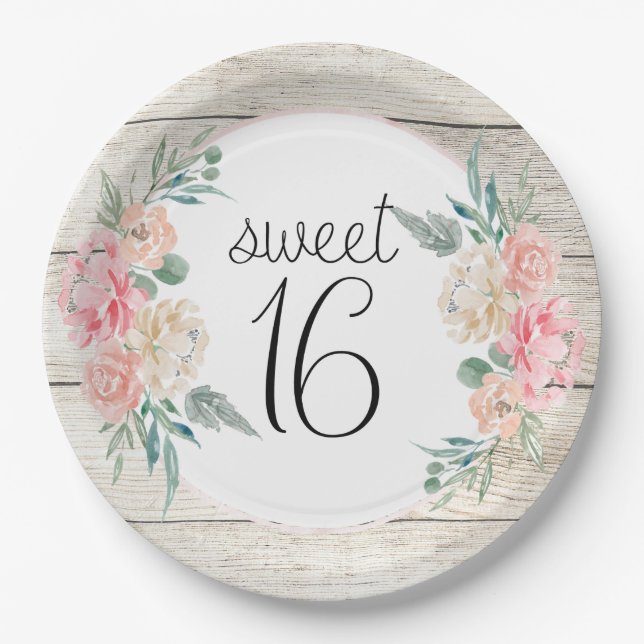 Rustic Wood Boho Floral Sweet 16 Birthday Paper Plates (Front)