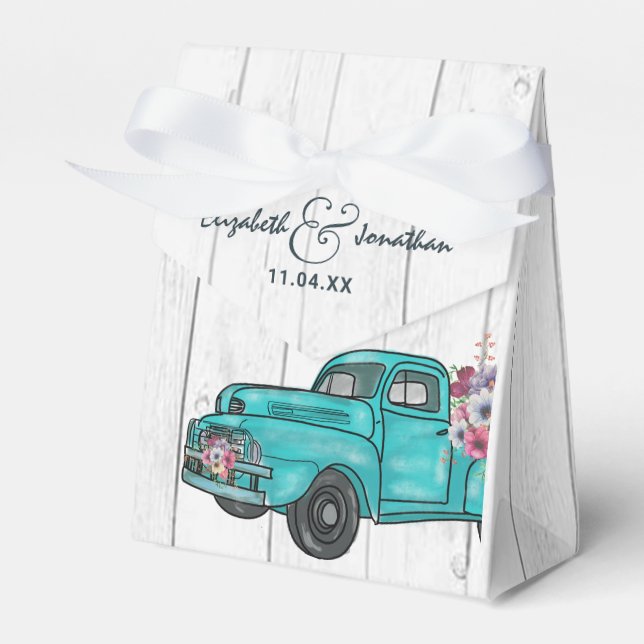 Rustic Wood Boho Floral Teal Truck Wedding Favor Boxes (Front Side)