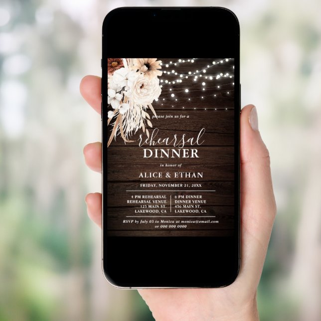 Rustic Wood Boho Flowers Fall Rehearsal Dinner Invitation (Front Digital)