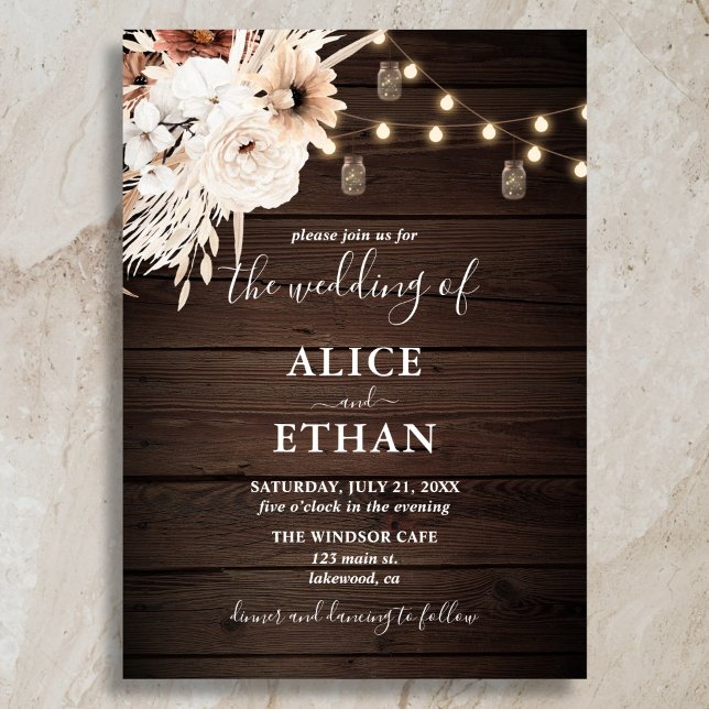 Rustic Wood Boho Flowers Fall Wedding Invitation (Creator Uploaded)