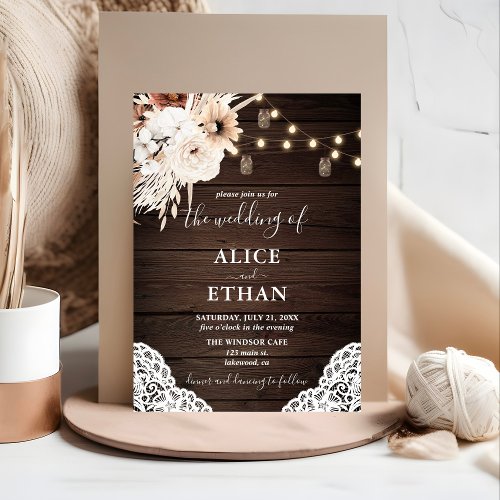 Rustic Wood Boho Flowers Fall Wedding Invitation