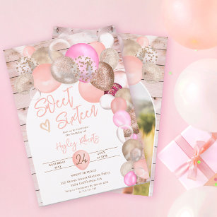 Rustic wood Boho glitter balloons pink Sweet 16 Invitation