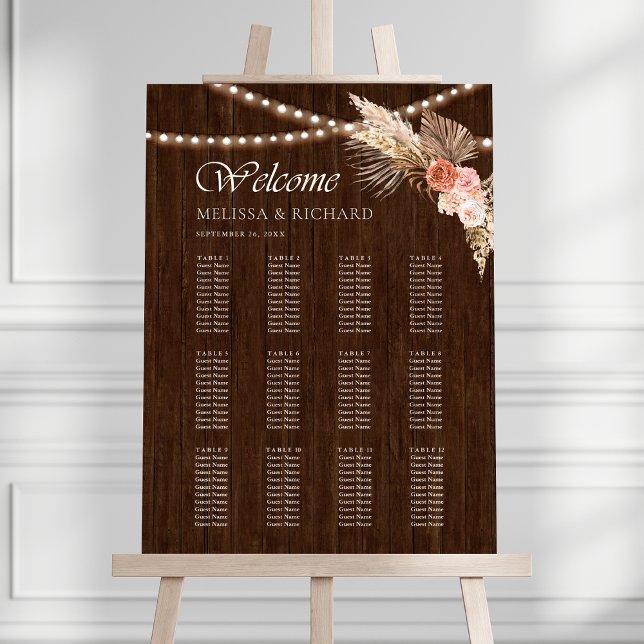 Rustic Wood Boho Pampas Wedding Seating Chart Foam Board (Creator Uploaded)