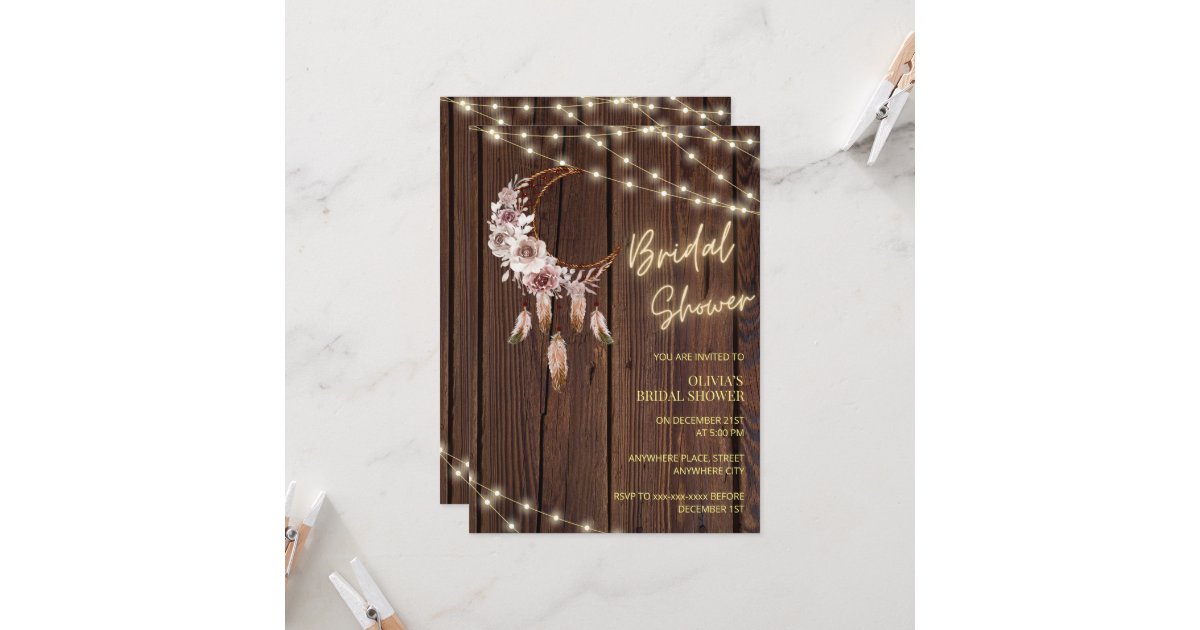 Rustic wood boho string lights bridal shower invitation | Zazzle