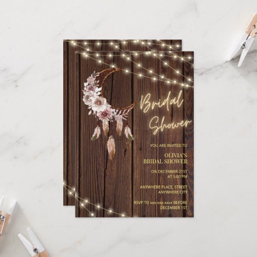 Rustic wood boho string lights bridal shower  invitation