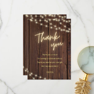 Rustic wood boho string lights bridal shower  thank you card