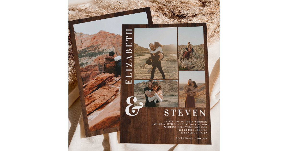 Grid Invitation Rustic wood bold ampersand 5 photo grid wedding invitation | Zazzle