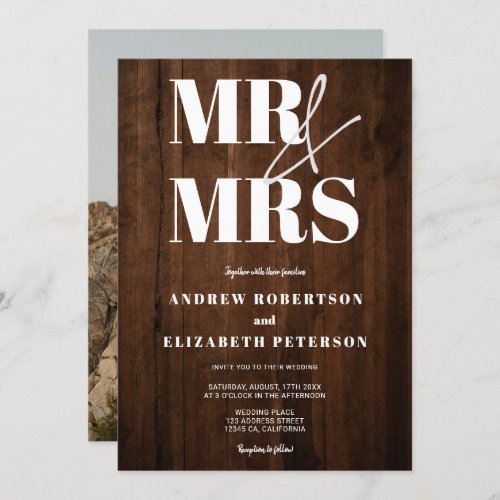 Rustic wood bold Mr Mrs script photo wedding Invitation