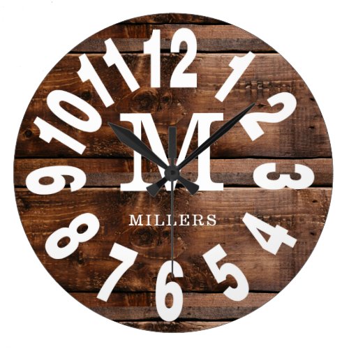 Rustic Wood Bold Numbers Family Name Monogram  Large Clock