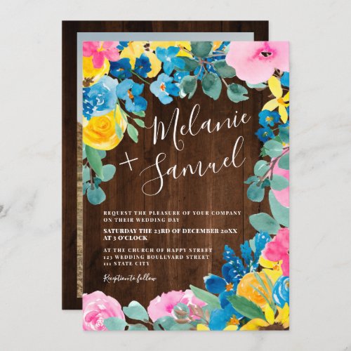 Rustic wood bold summer floral photo wedding invitation - Rustic wood bold summer floral photo wedding with painted blue, yellow wild field sunflowers, pink roses, sage green eucalyptus on rustic barn country brown wood. Perfect for summer, outdoors weddings.