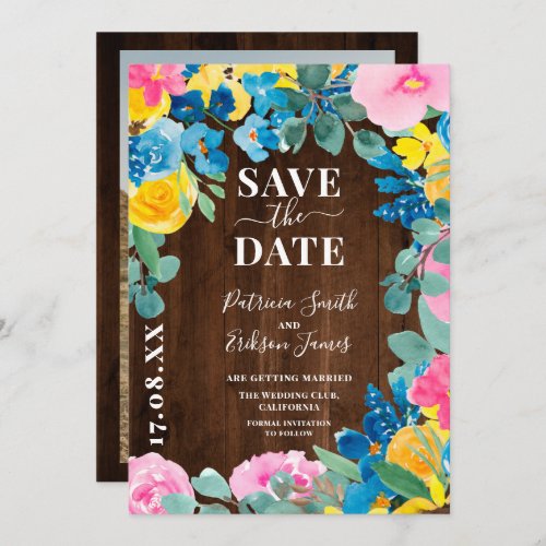 Rustic wood bold summer floral photo wedding save the date - Rustic brown wood chic bold summer floral photo wedding save the date with painted blue, yellow wild field sunflowers, pink roses, sage green eucalyptus on editable white. Perfect for summer, rustic barn outdoors weddings.