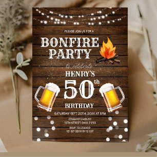 Rustic Wood Bonfire Party Beer 50th Birthday Invitation