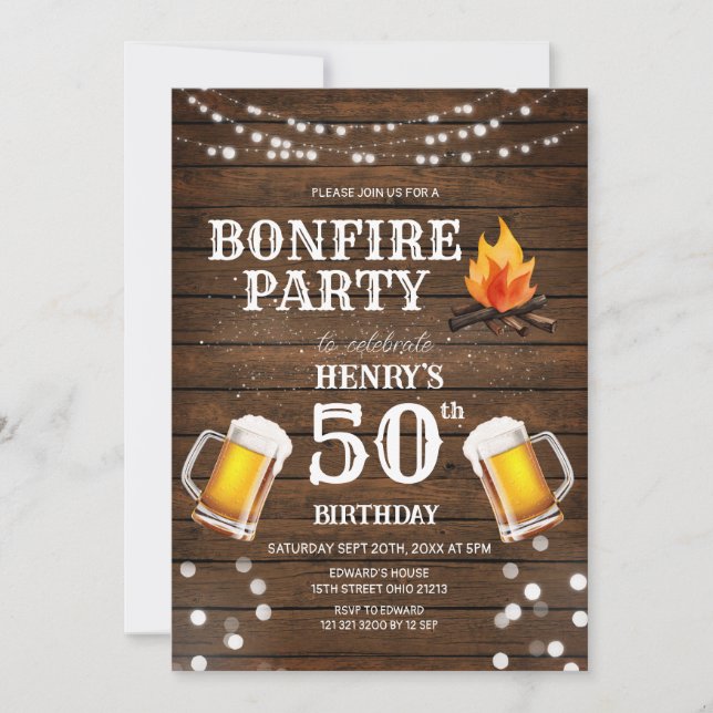 Rustic Wood Bonfire Party Beer 50th Birthday Invitation (Front)