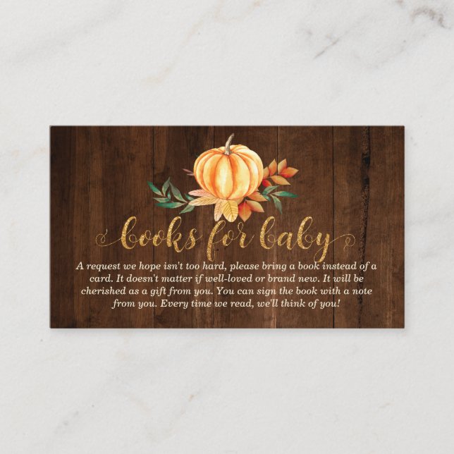 Rustic Wood Books for Baby Pumpkin Baby Shower Enclosure Card (Front)
