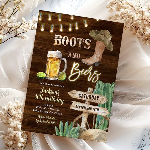 Rustic Wood Boots and Beers Man Birthday Invitation