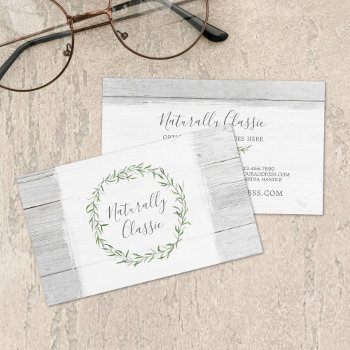Rustic Wood & Botanical Leaf Branches Green Wreath Business Card by CyanSkyDesign at Zazzle