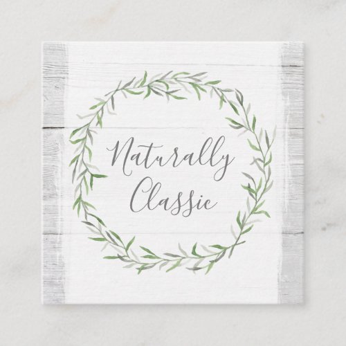 Rustic Wood  Botanical Leaf Branches Green Wreath Square Business Card
