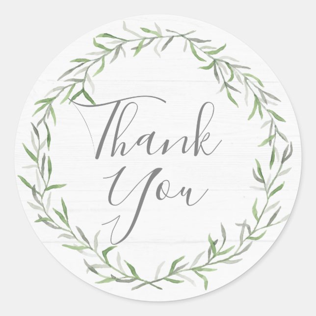 Rustic Wood & Botanical Leaf Branches Thank You Classic Round Sticker (Front)
