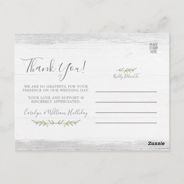 Rustic Wood & Botanical Leaf Wedding Thank You Postcard (Back)