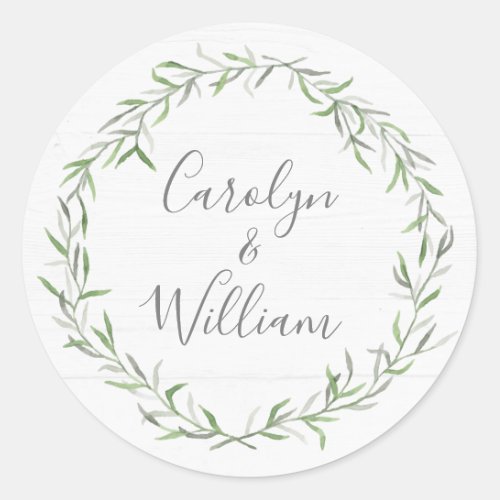 Rustic Wood  Botanical Leaves Wedding Stationery Classic Round Sticker