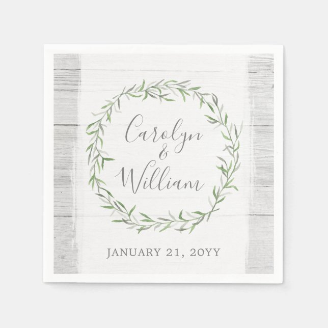 Rustic Wood & Botanical Leaves Wreath Wedding Paper Napkins (Front)