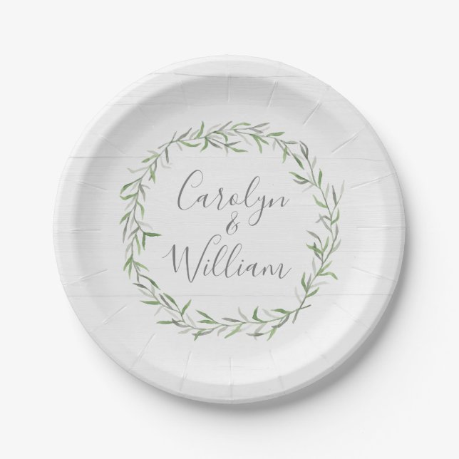 Rustic Wood & Botanical Leaves Wreath Wedding Paper Plates (Front)