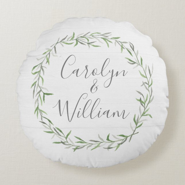 Rustic Wood & Botanical Leaves Wreath Wedding Round Pillow (Front)