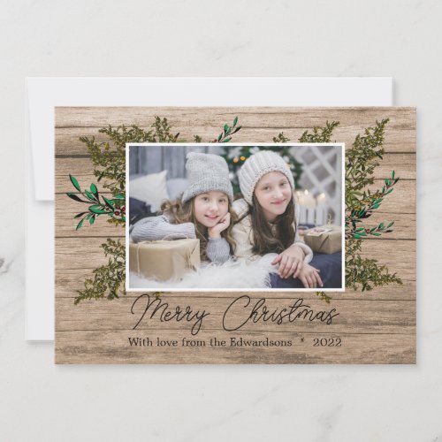 Rustic wood botanical Merry Christmas photo Holiday Card