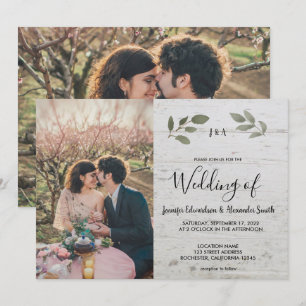 Rustic wood botanical monogram photo Wedding Invitation