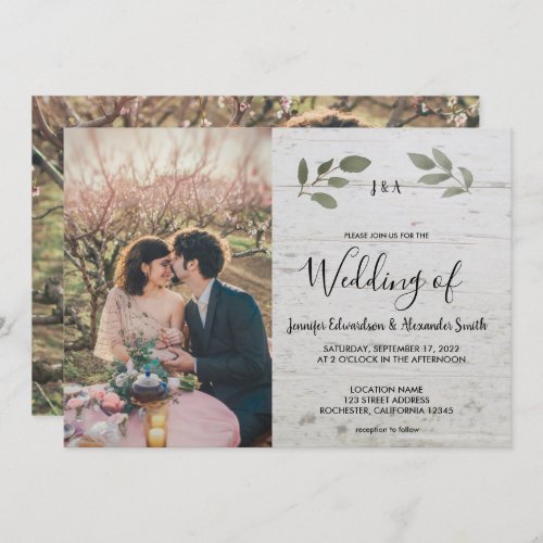 Rustic wood botanical monogram photo Wedding Invitation