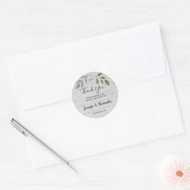 Rustic wood botanical monogram Thank You wedding Classic Round Sticker (Envelope)