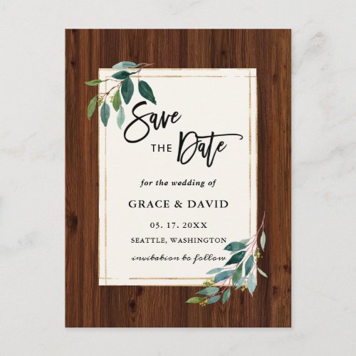 Rustic Wood Botanical Photo Wedding Save the Date Postcard