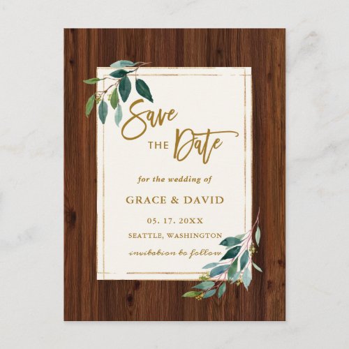 Rustic Wood Botanical Photo Wedding Save the Date Postcard