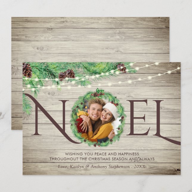 Rustic Wood Botanical Pine Wreath NOEL 1 Photo Holiday Card (Front/Back)