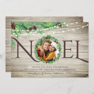 Rustic Wood Botanical Pine Wreath NOEL 1 Photo Holiday Card