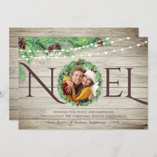 Rustic Wood Botanical Pine Wreath NOEL 1 Photo Holiday Card