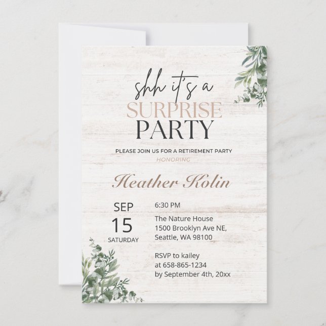 Rustic Wood Botanical Surprise Retirement Party  Invitation (Front)