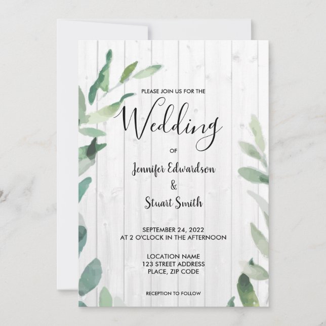 Rustic wood botanical watercolor leaves Wedding Invitation (Front)
