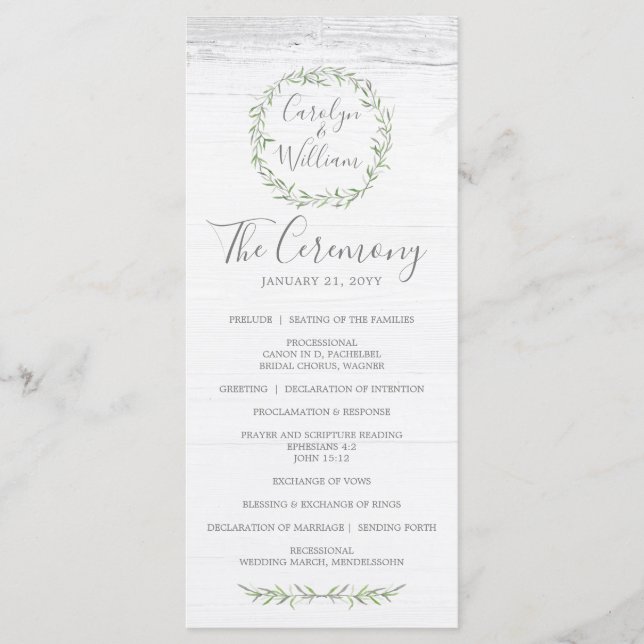 Rustic Wood & Botanical Wreath Wedding Program (Front)
